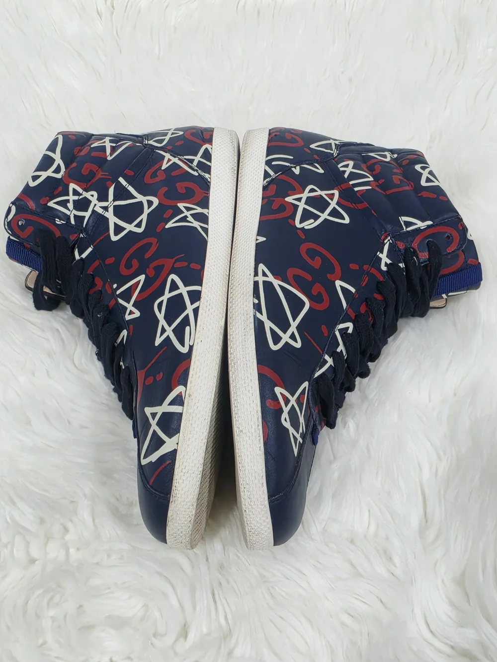 Gucci Navy High-Top Sneakers with Red & White Graphic Print